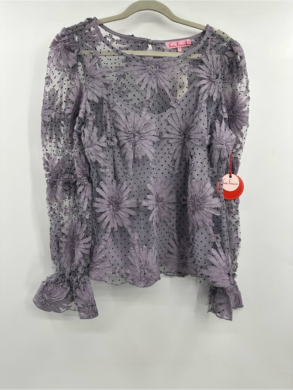 NWT Eva Franco Dusty Lavender Floral Appliqué Sheer Blouse